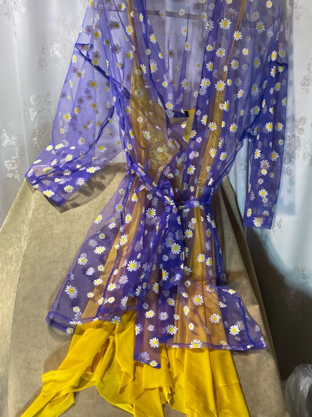 Royal Blue Hand Painted Daisy Sheer Robe Coordinating Yellow Chemise